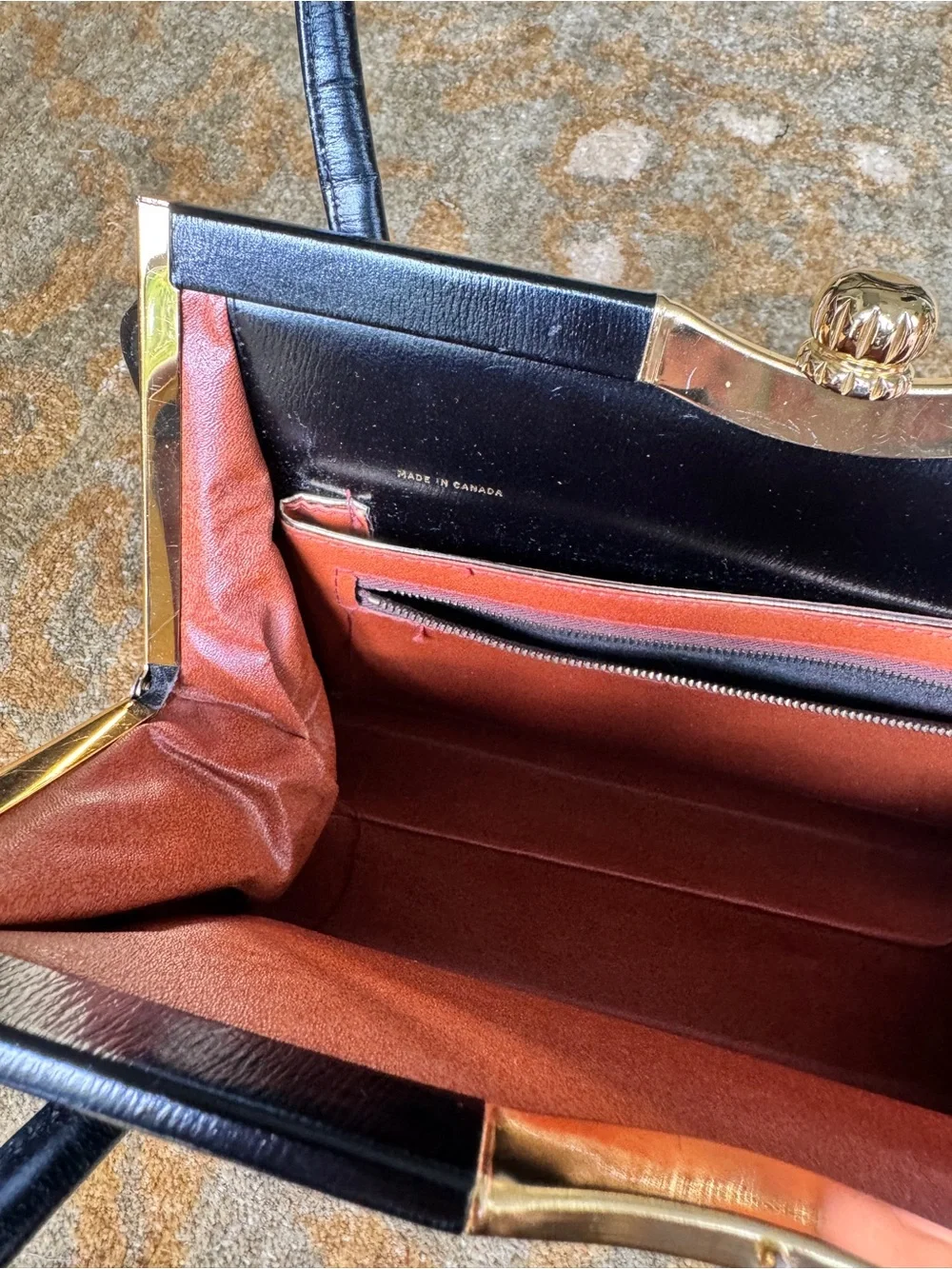 Vintage Classic Black Leather Top-Handle Handbag with Gold Trim Made in Canada